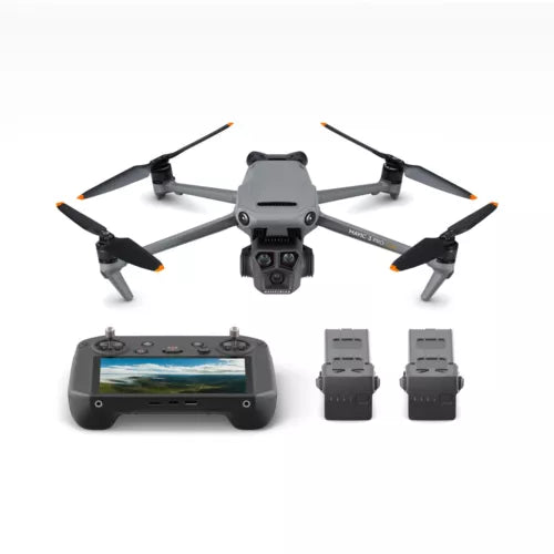 Quadcopter drone with foldable propellers, plus handheld controller with batteries