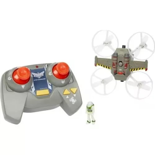 Gray RC Lightyear drone with four propellers and red light pods, plus figure