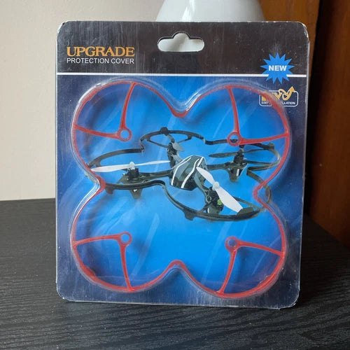 Quadcopter propeller guard cover for drone in blister package, blue and red outline