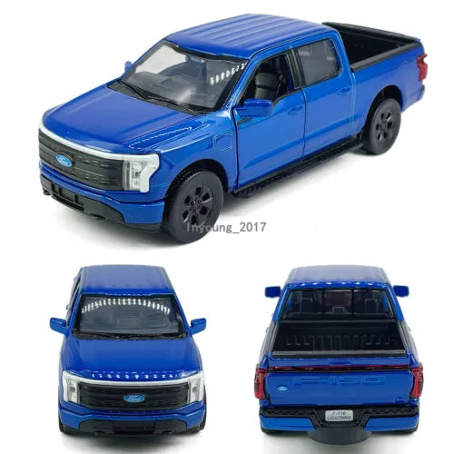Blue 1/36 diecast toy pickup truck with front and rear views, detailed grille
