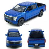 Blue 1/36 diecast toy pickup truck with front and rear views, detailed grille