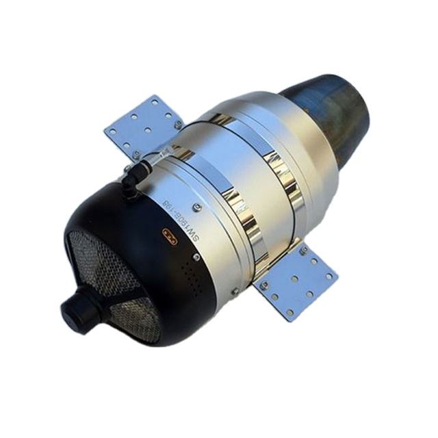 RC turbojet engine motor with silver cylinder, black intake, and blue mounting plates