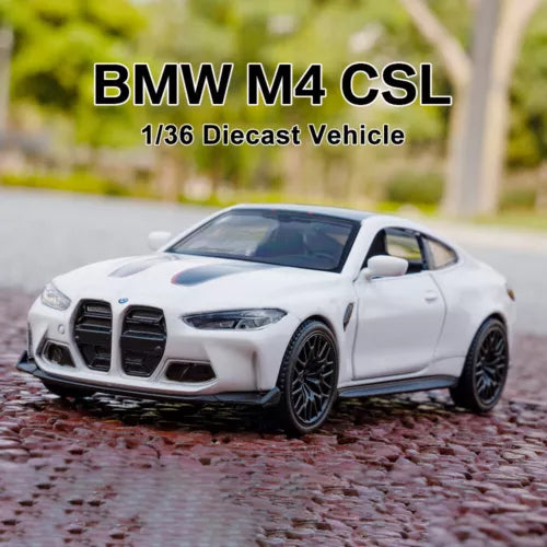 BMW M4 CSL 1:36 diecast sports car model, white coupe with black wheels