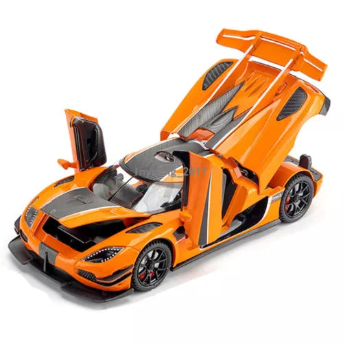1:24 orange diecast model sports car with open cockpit and black detailing