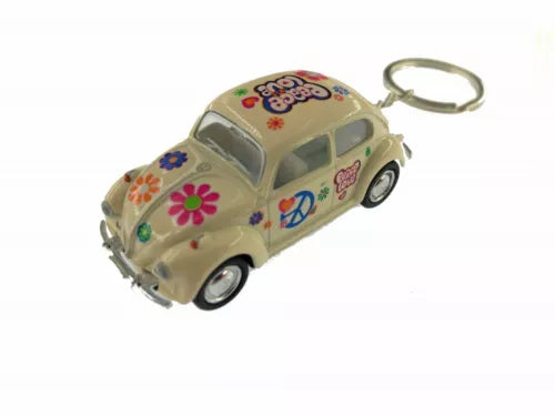 Cream pastel VW Beetle keychain diecast model car with colorful decals and metal key ring