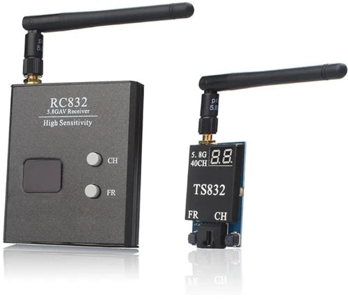 FPV video transmitter/receiver module with dual antennas and RC832/TS832 labels