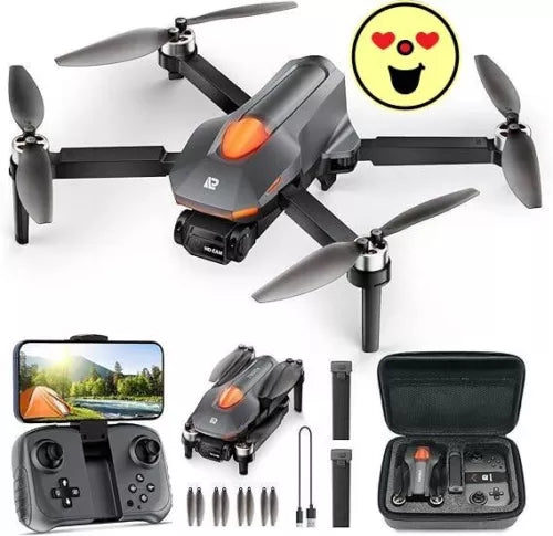 Foldable quadcopter drone with camera, orange accents, plus remote and carrying case.