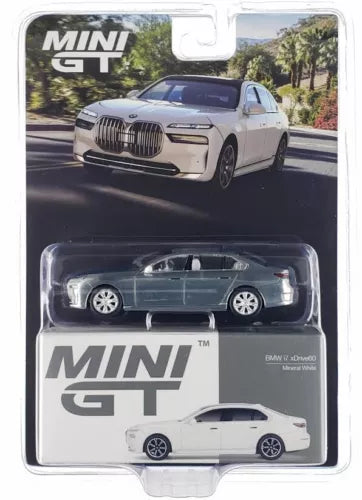 MINI GT 1/64 diecast BMW i7 model car, white sedan with front grille