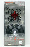 Red palm-size high performance drone with four propellers in retail box