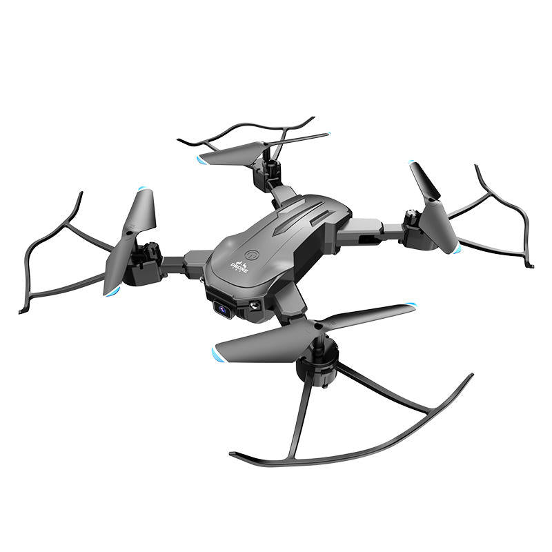 Quadcopter drone with four propellers, dark gray body, and blue accent lights