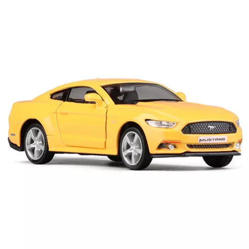 1:36 scale yellow Ford Mustang diecast model car, front three-quarter view