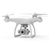 White quadcopter drone with 4K camera gimbal and four propellers