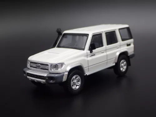 1/64 scale diecast model car of Toyota Land Cruiser 70, white SUV, front 3/4 view