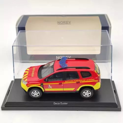 Diecast model car of Dacia Duster in red and yellow emergency livery
