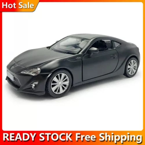 1:36 scale black alloy diecast sports car model with front three-quarter view
