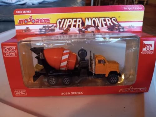 Majorette Super Movers diecast concrete truck, orange mixer and cement chute, in retail box