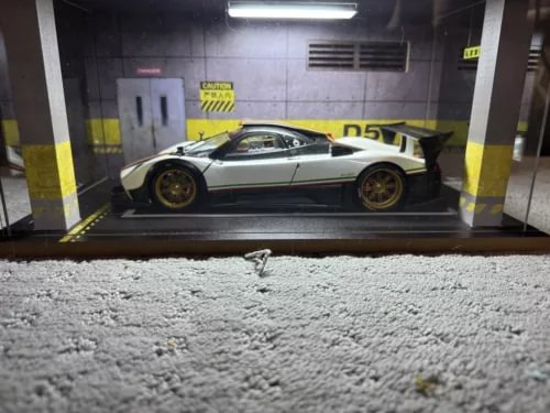 Diecast sports car model in display case, white with dark accents and rear wing