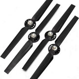 Drone propeller set with four black propellers and silver hub centers
