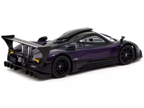 Purple and black diecast model car with rear spoiler and opening doors, 1/64 scale