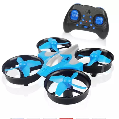 RC quadcopter drone toy with handheld controller, blue and black, four propellers