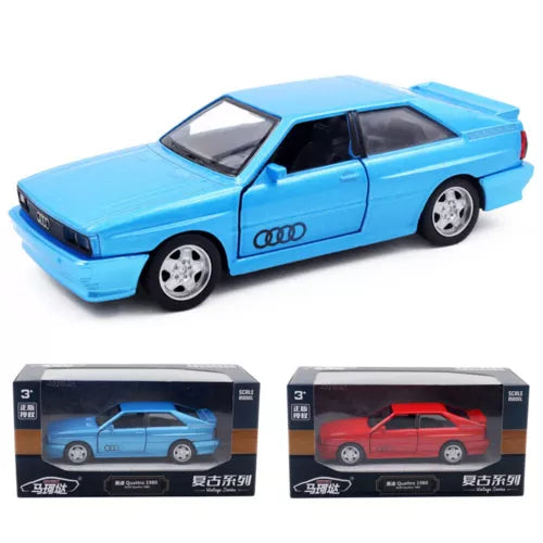 1:36 Audi Quattro diecast toy car, light blue with open doors and alloy wheels