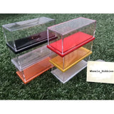 Acrylic display case base set with clear panels and red, orange, yellow trays