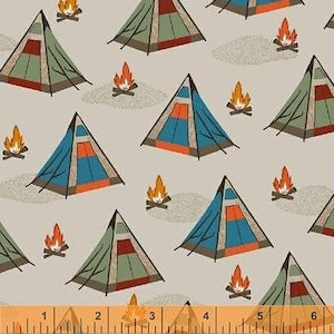 Patterned fabric with blue tents and orange campfires on light background