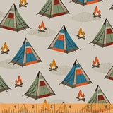 Patterned fabric with blue tents and orange campfires on light background