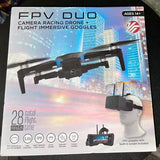 FPV Duo racing drone with black quadcopter and white FPV goggles, retail box view