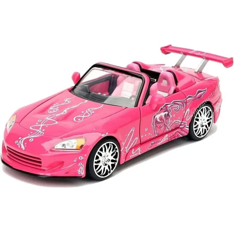 Pink 1:24 scale diecast convertible sports car model with white racing decals