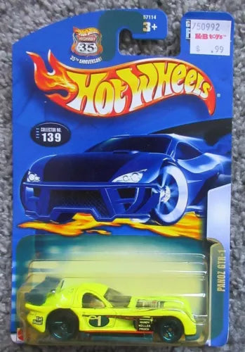 Lime yellow Panoz GTR-1 Hot Wheels 1/64 diecast car in blister pack, card #139