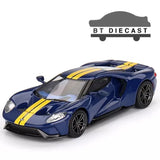 1/64 scale diecast model car, blue with yellow racing stripes, front 3/4 view