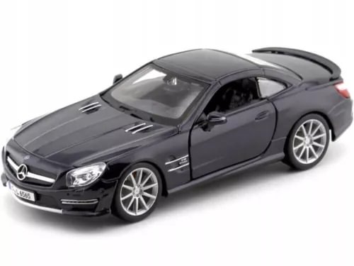 Diecast Mercedes-Benz SL 65 AMG 1:24 model car, dark gray convertible, silver wheels, front 3/4