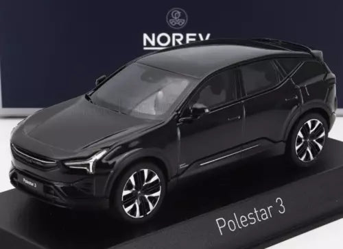 1/43 diecast model car of a black Polestar 3, front three-quarter view with base