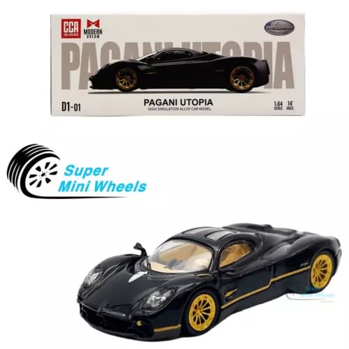 Black 1:64 diecast Pagani Utopia model car with gold accents and detailed wheels