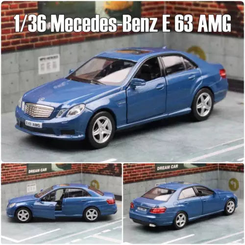 Mercedes-Benz E 63 AMG diecast model car, blue 4-door sedan, front 3/4 view