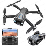 Foldable quadcopter drone with front camera, four propellers, and controller screen