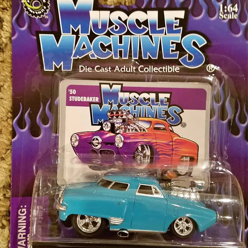 Teal 1:64 Studebaker diecast car in blister package, front view