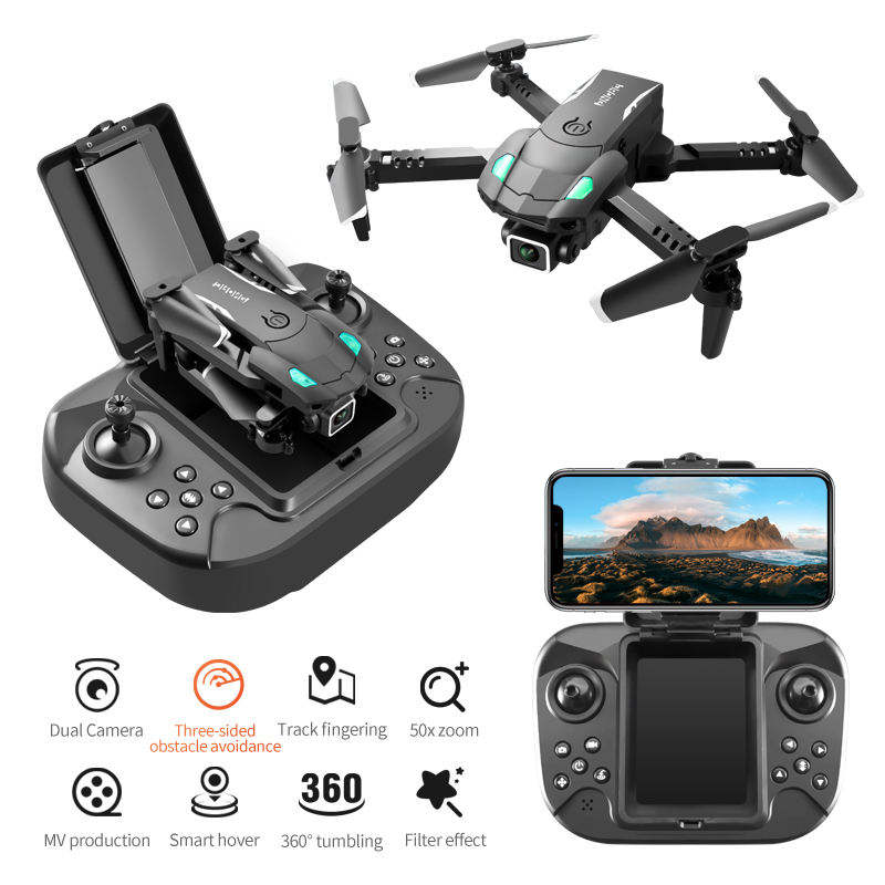 Mini quadcopter drone with dual cameras and handheld remote controller, foldable propellers