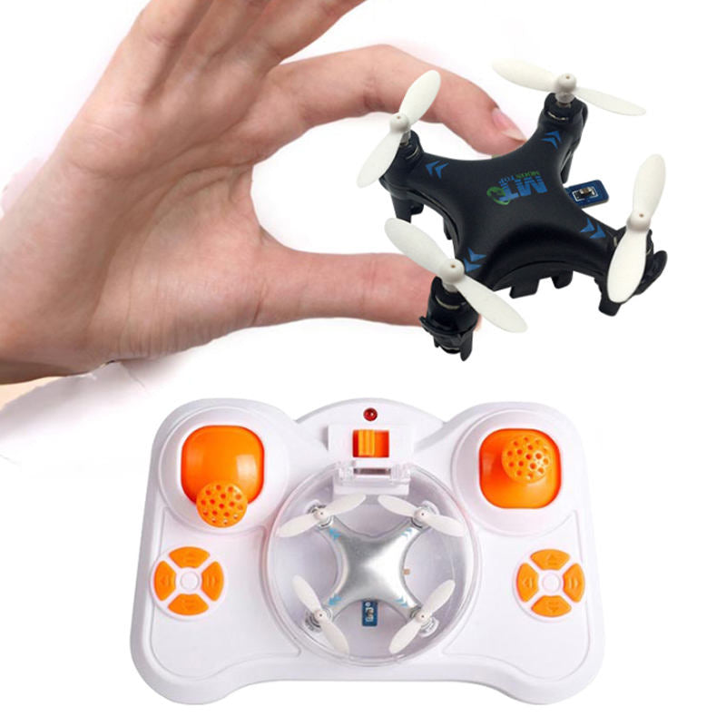 Mini quadcopter pocket drone with orange joystick lights and white controller
