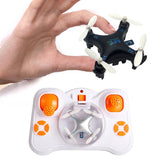 Mini quadcopter pocket drone with orange joystick lights and white controller