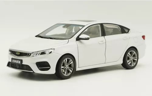 1/18 scale white diecast sedan car model, front three-quarter view