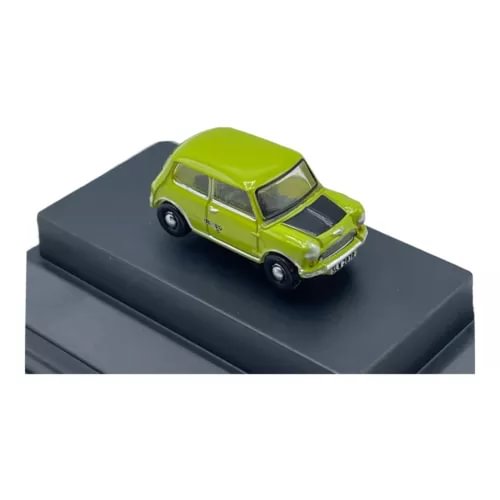 Lime green Mini Cooper diecast car model with black roof and detailed wheels