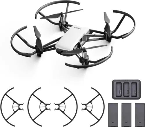 Foldable quadcopter drone with four propellers and included battery pack, shown with 3 batteries