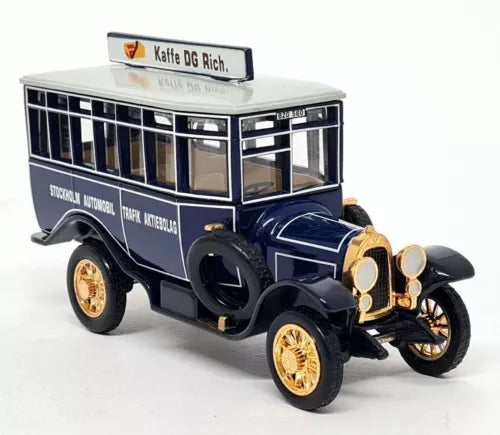 1922 Scania post bus diecast model, dark blue body with gold wheels and details