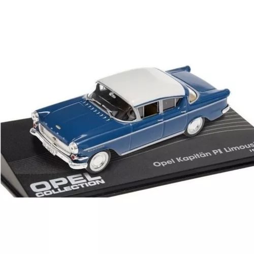 Blue Opel Kapitan PI limousine diecast model car, white roof, front three-quarter view