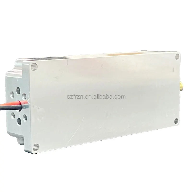 RF power amplifier module with rectangular metal enclosure, mounting holes, and input ports