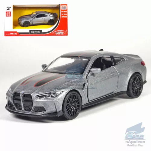 Gray BMW M4 CSL alloy diecast model car toy with black wheels, front 3/4 view