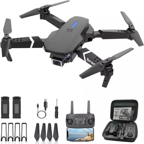 Foldable quadcopter drone with controller, spare props, cables, and carrying case