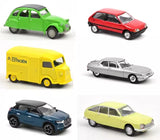 Set of six Citroën 2CV toy diecast cars in green, red, yellow, silver, blue, lime